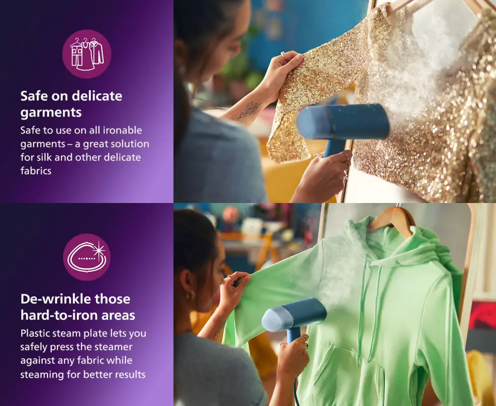 Philips Series 3000 STH3000 handheld garment steamer refreshing a delicate top and steaming a hoodie sleeve