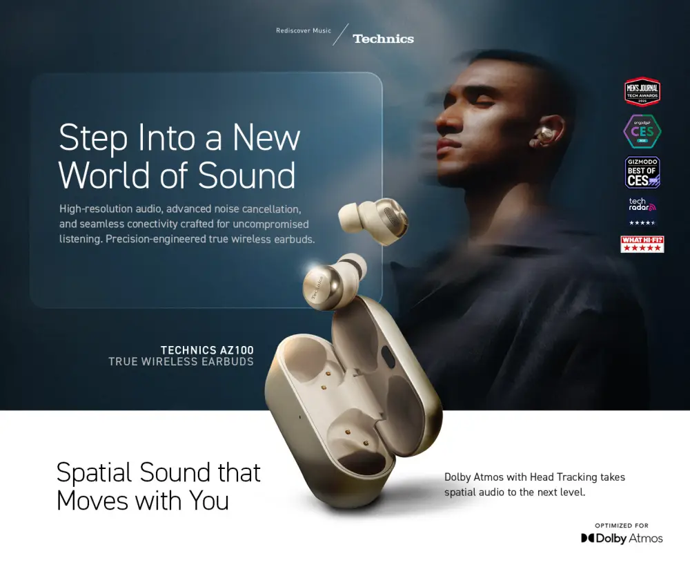 Technics EAH-AZ100 earbuds with Dolby Atmos spatial sound and head tracking