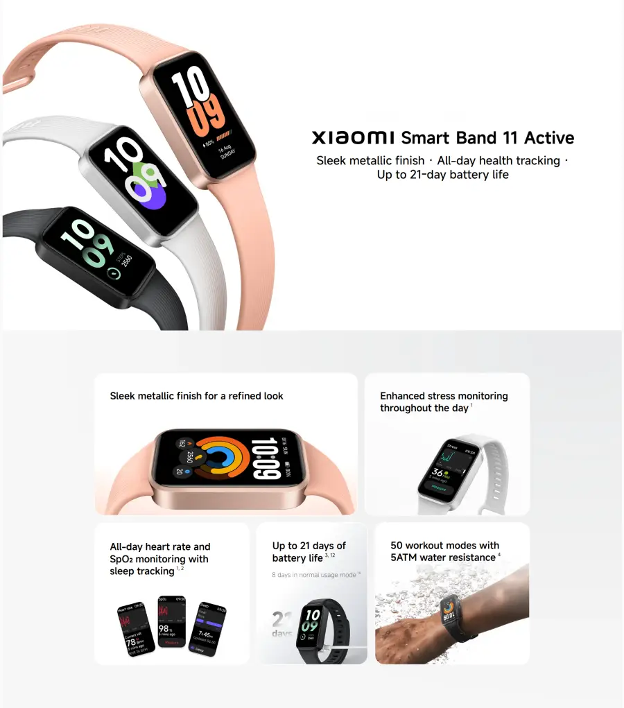 Xiaomi Smart Band 11 Active fitness tracker features including heart rate monitoring, workout modes and battery life