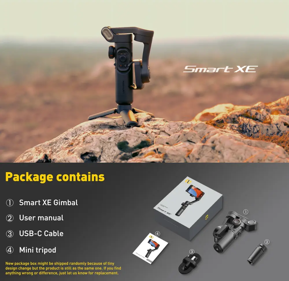 AOCHUAN Smart XE Gimbal Package Contents with Mini Tripod and USB-C Cable
