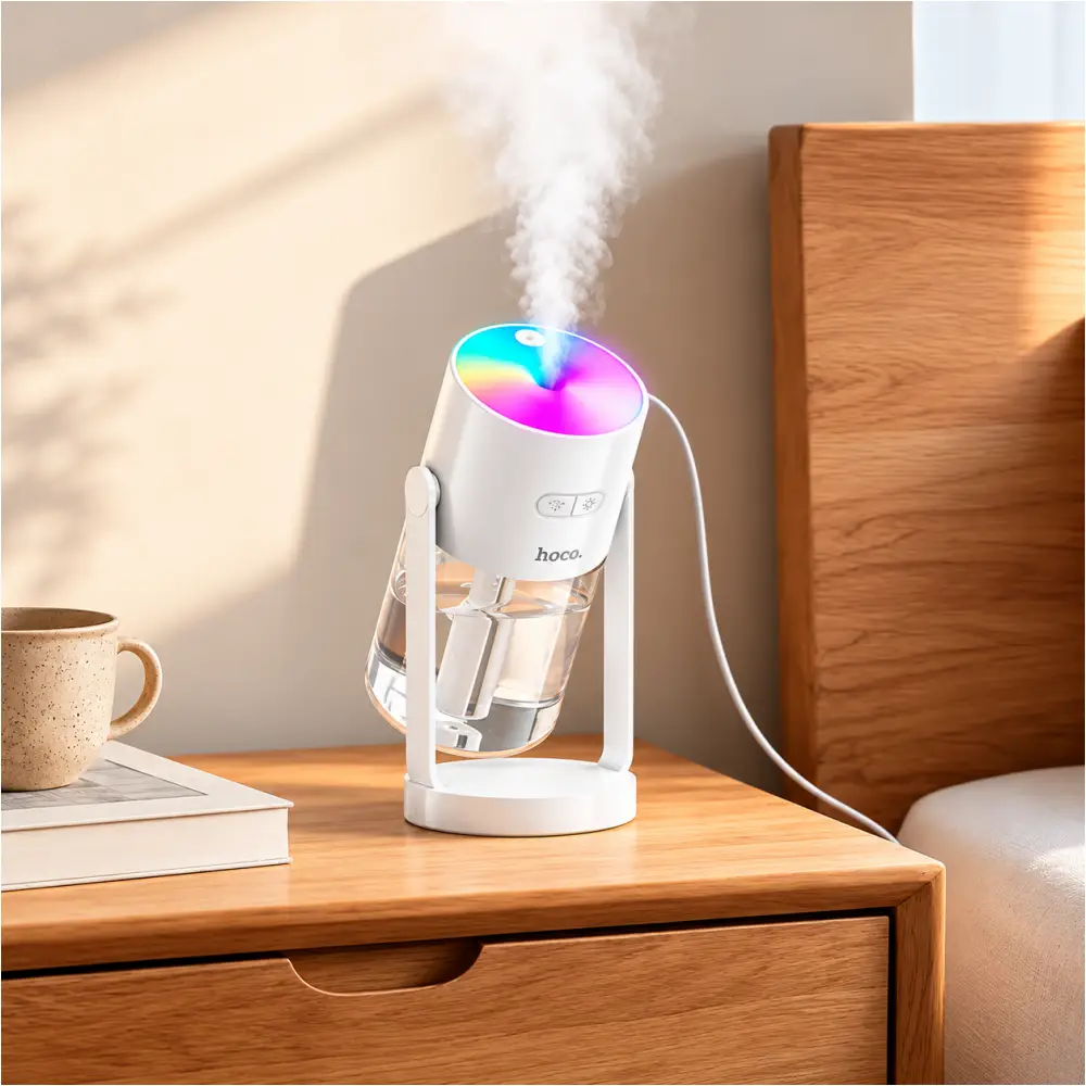 HOCO HX34 280ml humidifier featuring colorful RGB lighting and a compact design.