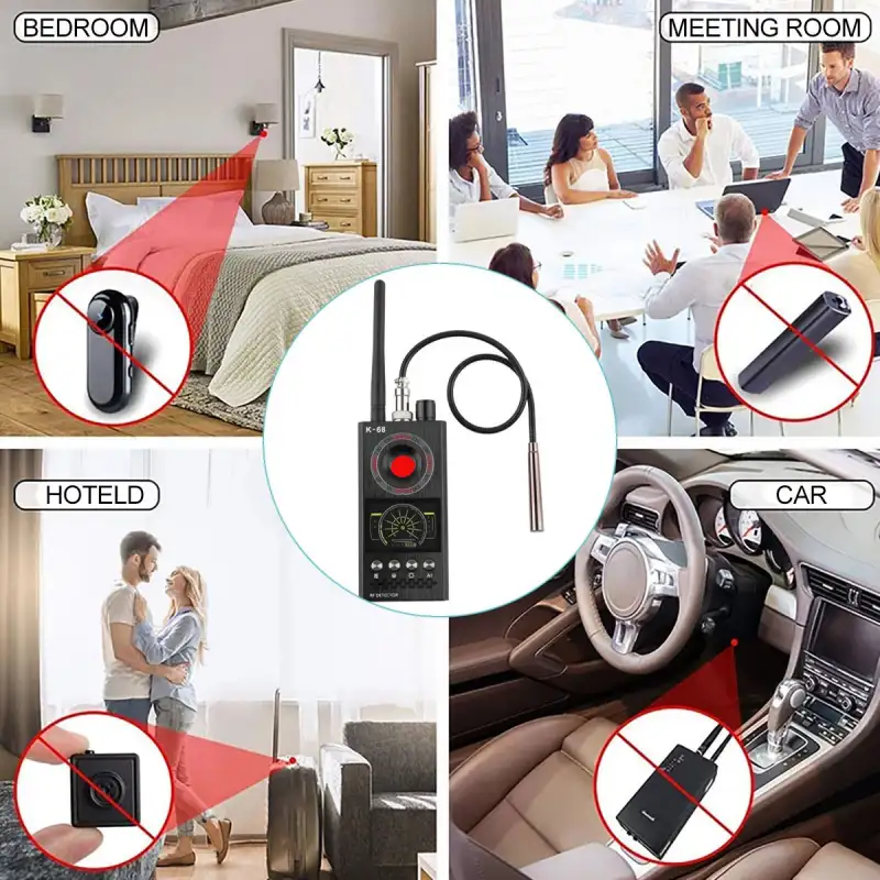 K68 Anti Spy RF Signal Detector for hidden camera checks in bedrooms, meeting rooms, hotels and cars