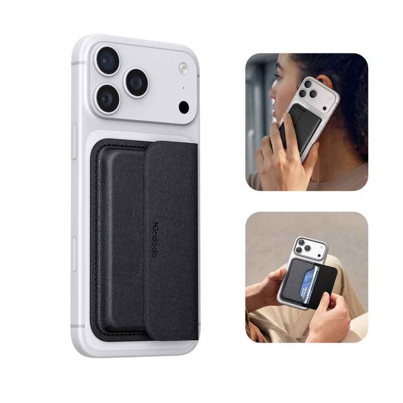 Mcdodo WH-3530 Napa Magnetic Leather Card Holder for iPhone Mcdodo WH-3530 Napa Magnetic Leather Card Holder attached to iPhone with card storage