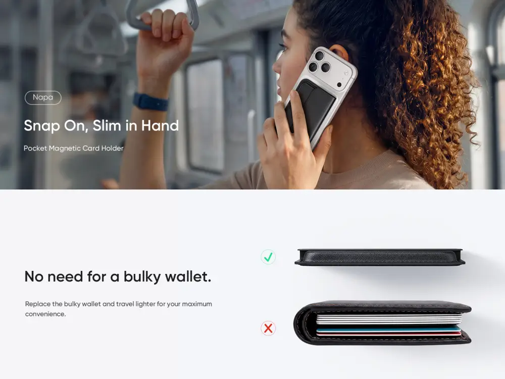 Mcdodo WH-3530 Napa slim magnetic leather card holder attached to iPhone compared with a bulky wallet