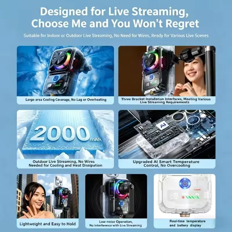 MEMO DL23 Phone Cooler Live Streaming Features with 2000mAh Battery and AI Temperature Control
