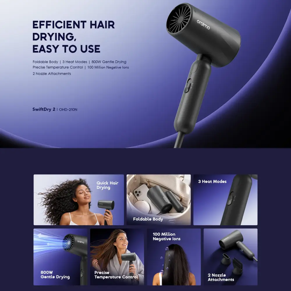 oraimo SwiftDry 2 OHD-210N 800W Foldable Hair Dryer with 3 Heat Modes, 100 Million Negative Ions and 2 Nozzle Attachments