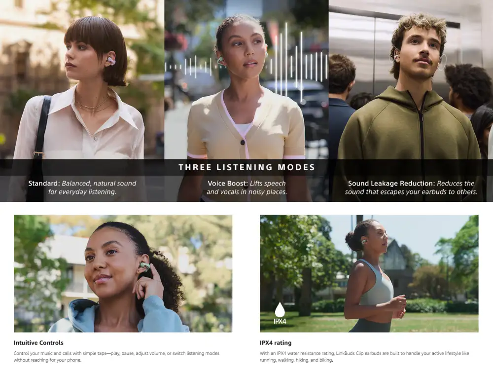 Sony LinkBuds Clip - Listening Modes, Controls and IPX4 Sony LinkBuds Clip three listening modes, intuitive controls and IPX4 water resistance