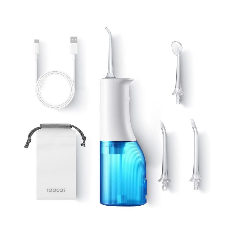 SOOCAS W3 Pro Water Flosser – Package Contents SOOCAS W3 Pro Water Flosser with 4 Nozzles, USB Charging Cable and Storage Pouch